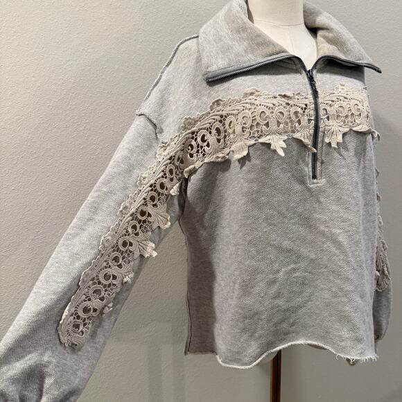 Free People Lace Crochet Trim Quarter Zip Oversized Sweater Boho Cottage Small - Picture 4 of 9
